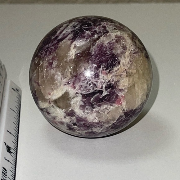 Lepidolite Sphere with Smoky Quartz and Tourmaline inclusions - Picture 10 of 10